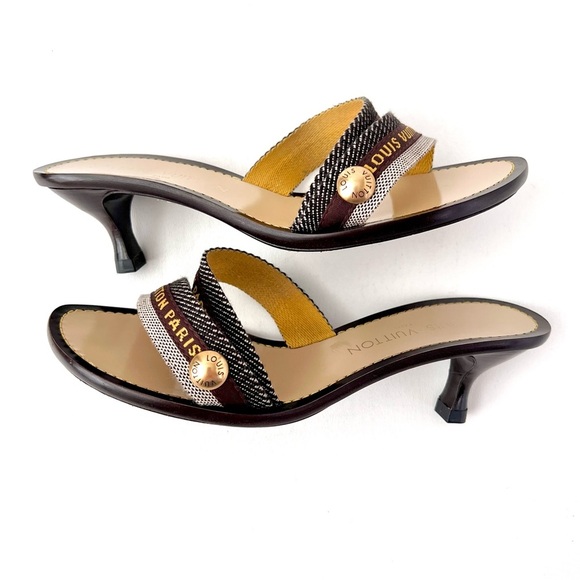 LOUIS VUITTON | Y2K Monogram Paris Logo Ribbon Kitten Heel Sandals Slides 37.5 - Picture 7 of 12